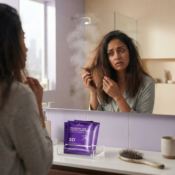 South Asian woman with dry, brittle hair looking in a bathroom mirror after a long week.