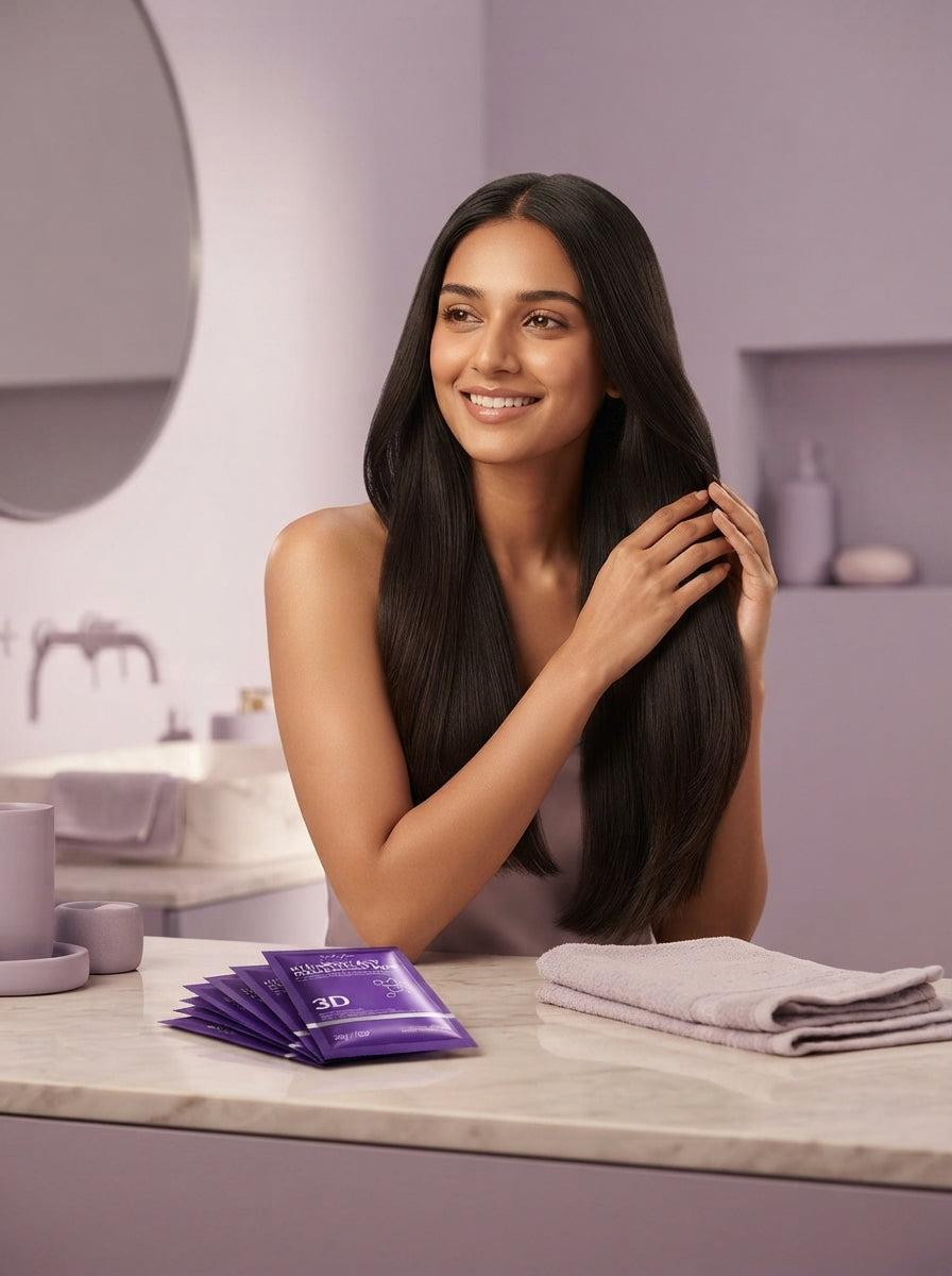 A South Asian woman with smooth, healthy hair in a serene, lavender-toned bathroom setting, with a pack of hair masks nearby.