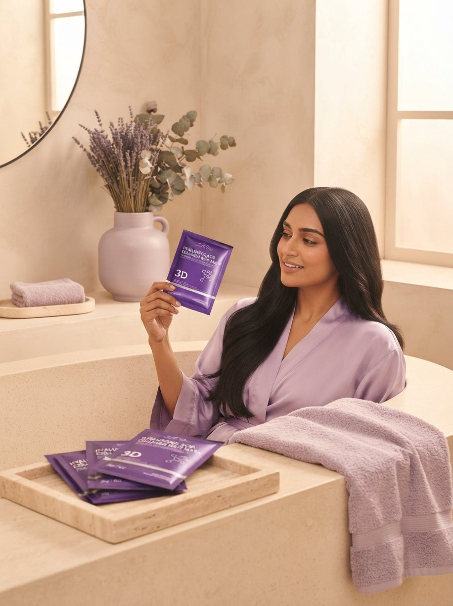 A South Asian woman with healthy hair holding a hair repair mask sachet in a luxurious, warm-toned spa bathroom.